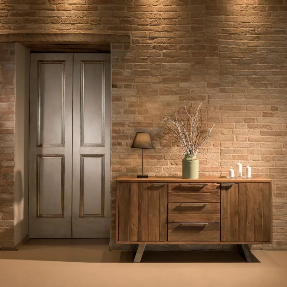 خزانة جانبية ببابين و3 أدراج من الخشب الاستوائي المعاد تدويره - منزلق Viadurini