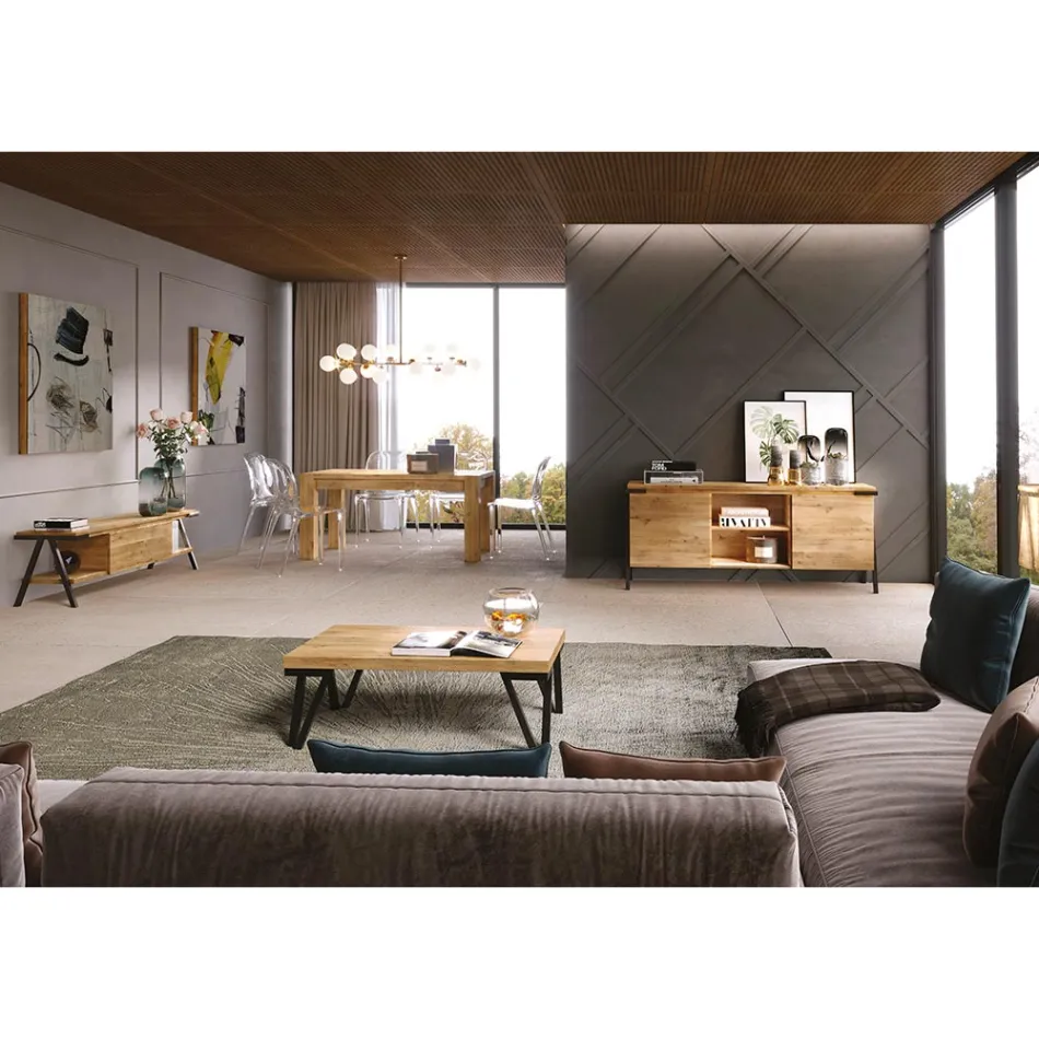 خزانة جانبية من خشب البلوط والمعدن مع بابين وحجرة مفتوحة صنع في إيطاليا - جينيفر Viadurini