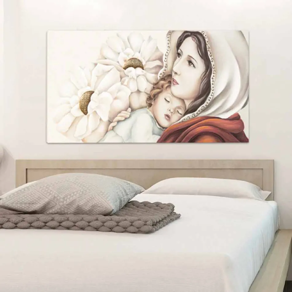 لوحة أم حديثة مع طفلها بزخارف من ورق الذهب، بقلم سكوت Viadurini