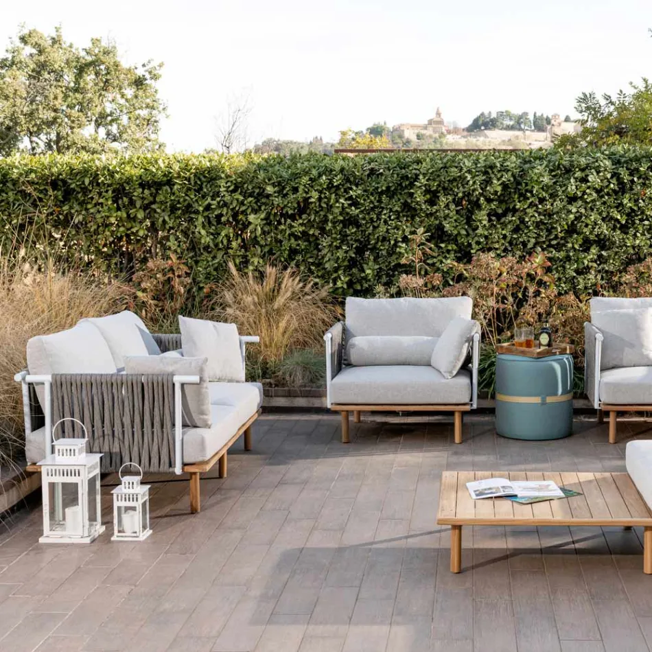 أريكة بمقعدين من خشب الساج، منسوجة بحبل، ووسائد - بيلاتريكس Viadurini