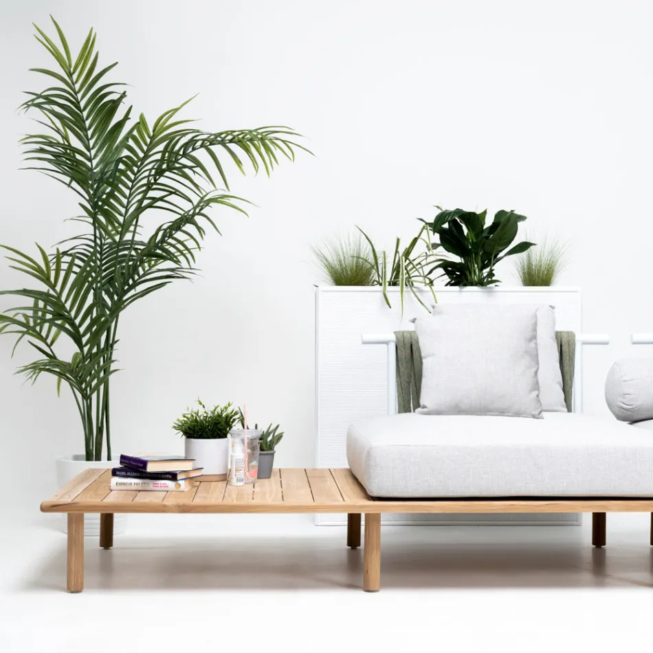 أريكة بأربعة مقاعد من خشب الساج، منسوجة بحبل، ومزينة بوسائد - بيلاتريكس Viadurini