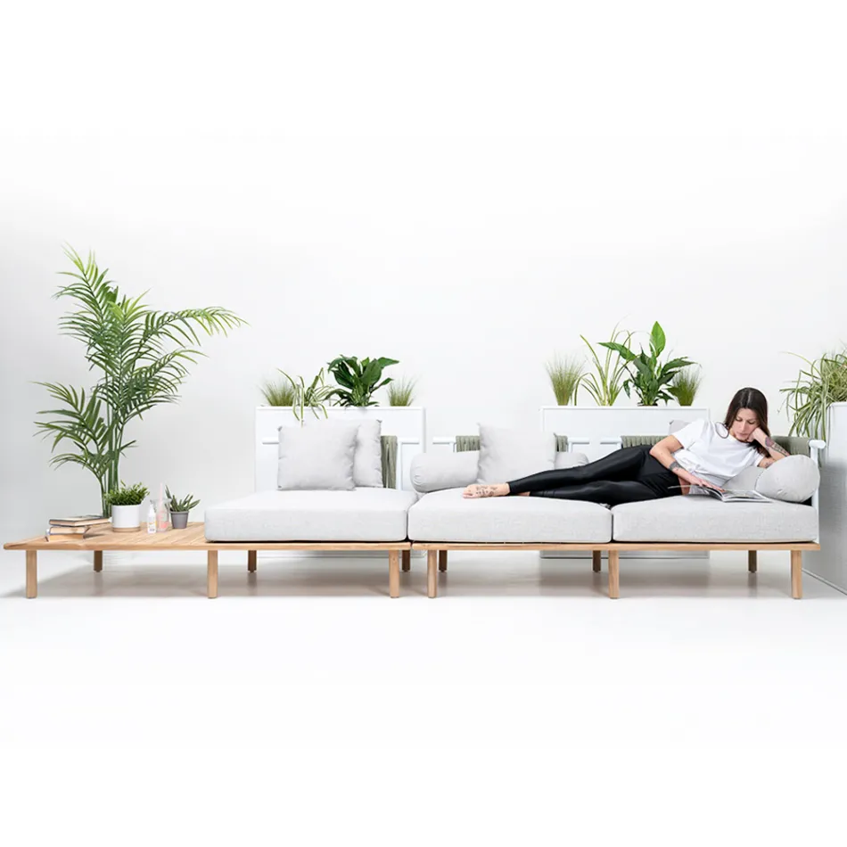 أريكة بأربعة مقاعد من خشب الساج، منسوجة بحبل، ومزينة بوسائد - بيلاتريكس Viadurini