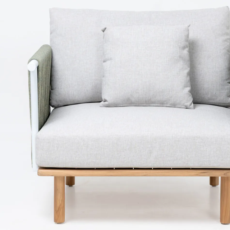 أريكة بأربعة مقاعد من خشب الساج، منسوجة بحبل، ومزينة بوسائد - بيلاتريكس Viadurini