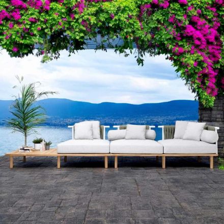 أريكة بأربعة مقاعد من خشب الساج، منسوجة بحبل، ومزينة بوسائد - بيلاتريكس Viadurini