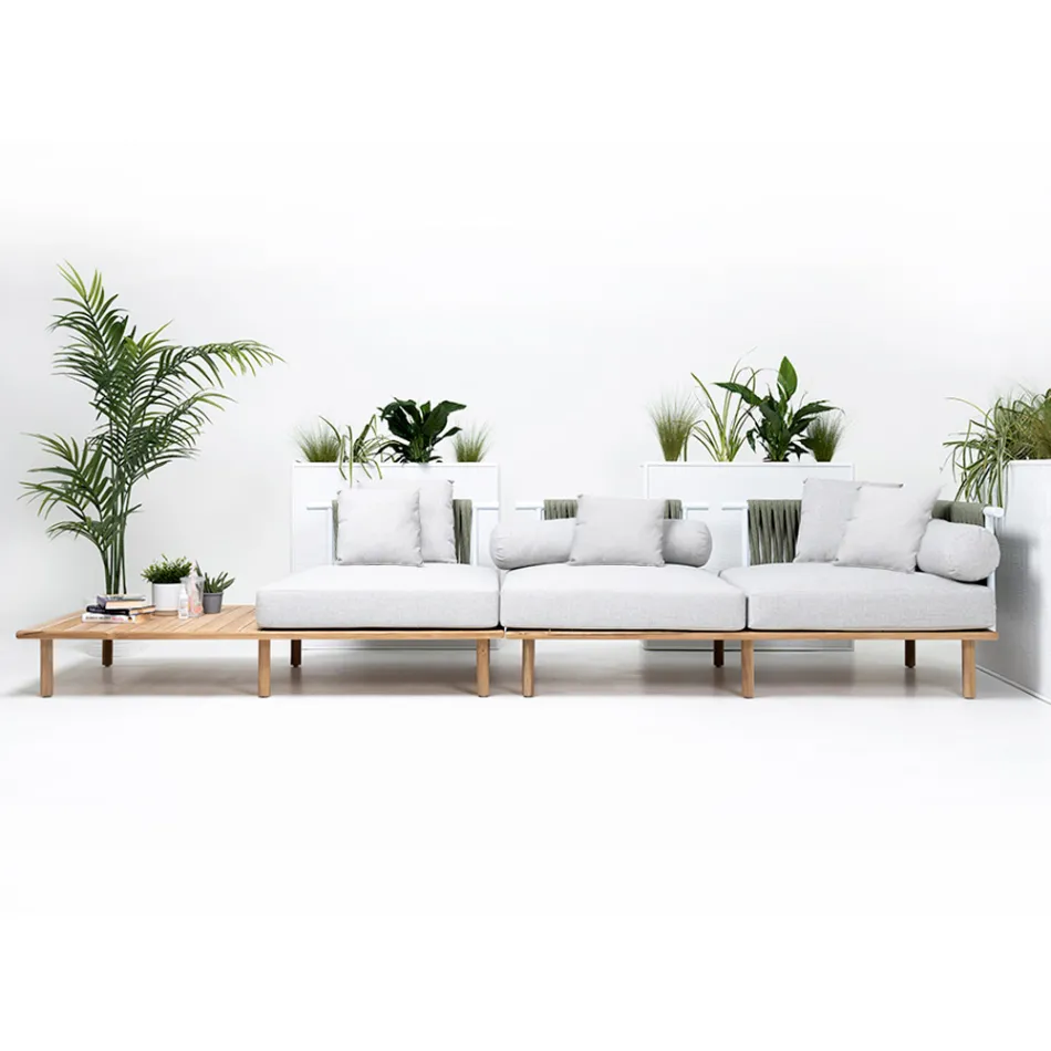 أريكة بأربعة مقاعد من خشب الساج، منسوجة بحبل، ومزينة بوسائد - بيلاتريكس Viadurini