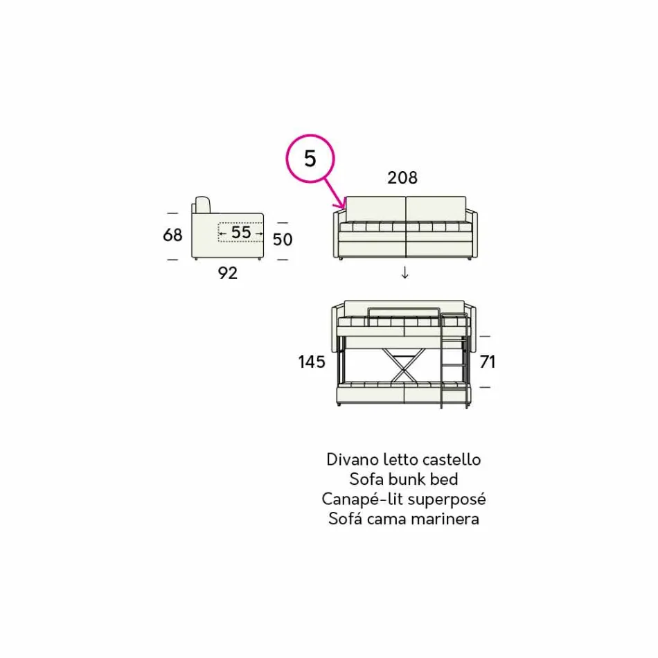 أريكة بتصميم سرير بطابقين مغطاة بقماش إيطالي الصنع - جريتيل Viadurini