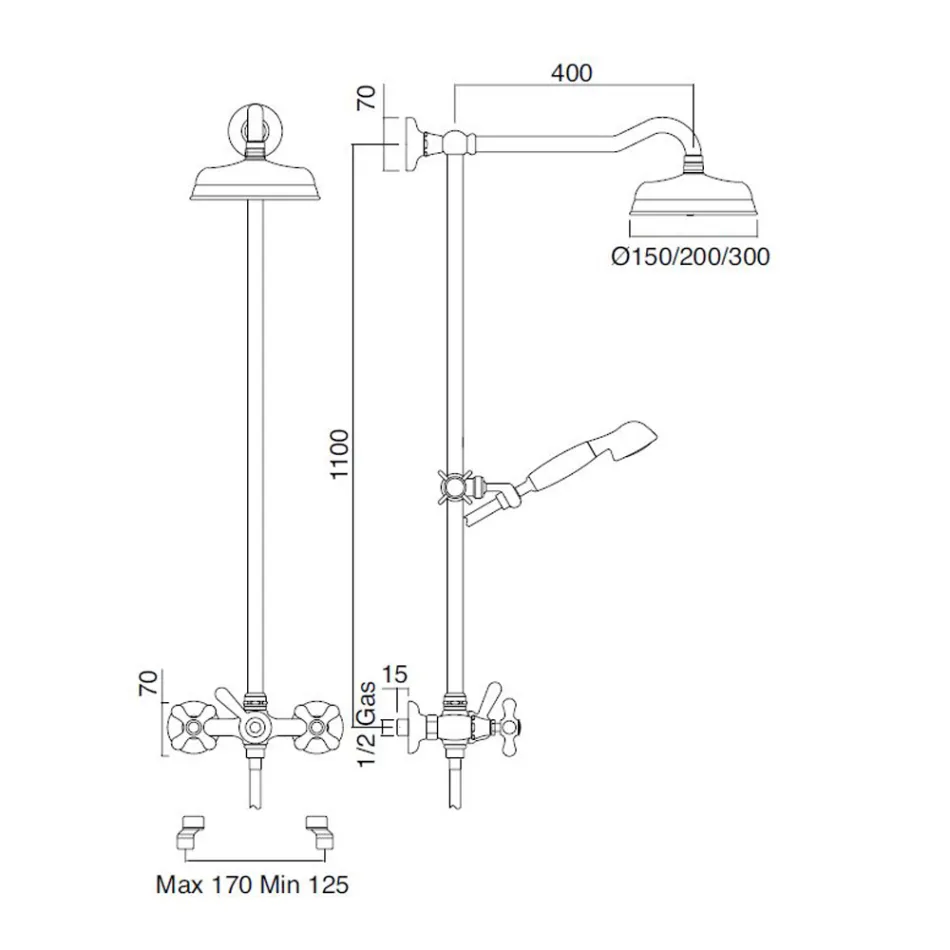 مجموعة دش دوبلكس كلاسيكية من النحاس مع رأس دش بثلاثة أحجام - إركولينا Viadurini