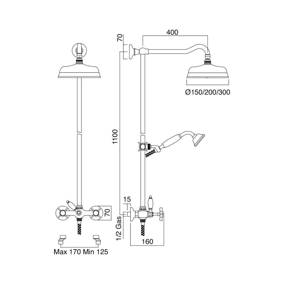 مجموعة دش مع سكة منزلقة من النحاس العتيق، صنع في إيطاليا – كاترينا Viadurini