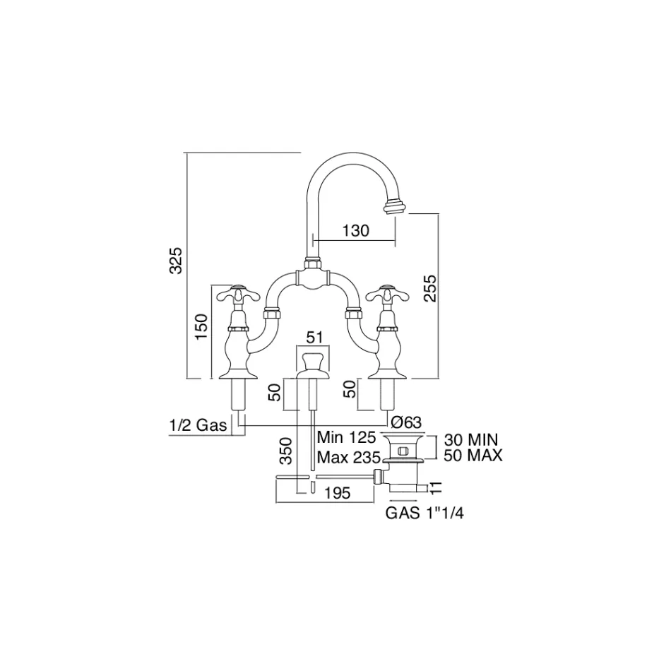 مجموعة خلاط عتيقة لحوض الجسر من النحاس صنع في إيطاليا - كلاريسا Viadurini