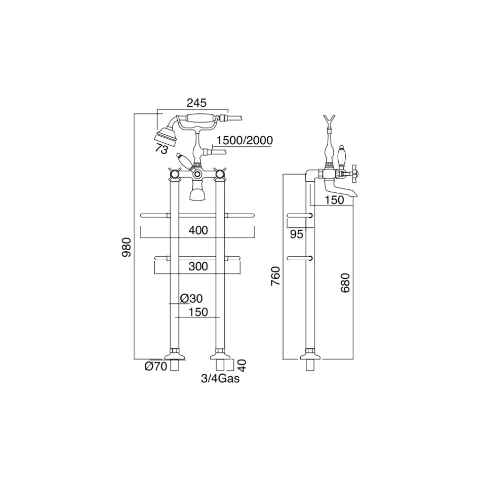 مجموعة أحواض استحمام أرضية بتصميم عتيق من النحاس، صنع في إيطاليا - كاترينا Viadurini