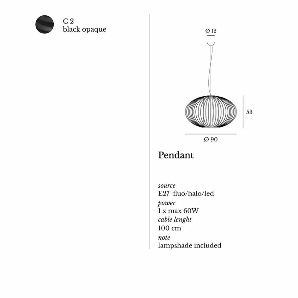 مصباح تعليق مطلي بالفولاذ، Ø90xh.53xl.cavo100cm، Gioia Viadurini