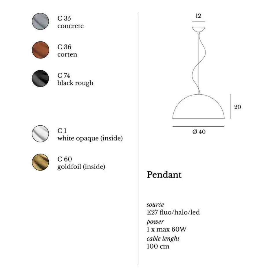 مصباح معلق بلونين من الفولاذ Ø40x H20x L.cavo100cm، Luce Viadurini