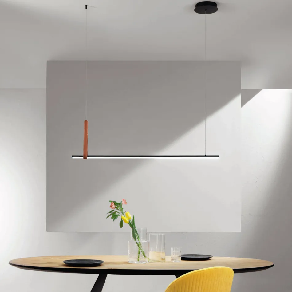 مصباح تعليق أفقي مصنوع من المعدن وتفاصيل من الجلد الصناعي - سيبرس Viadurini