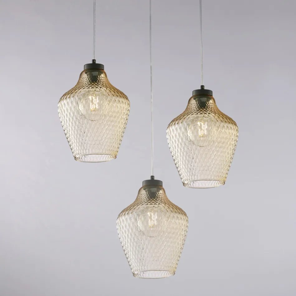 مصباح معلق معدني زجاجي أسود بثلاثة أضواء من Alnitak Viadurini