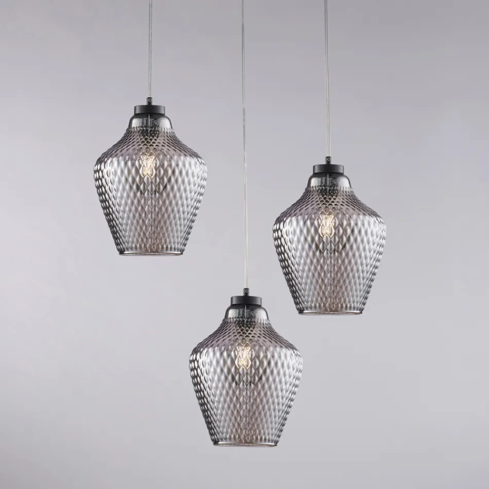 مصباح معلق معدني زجاجي أسود بثلاثة أضواء من Alnitak Viadurini