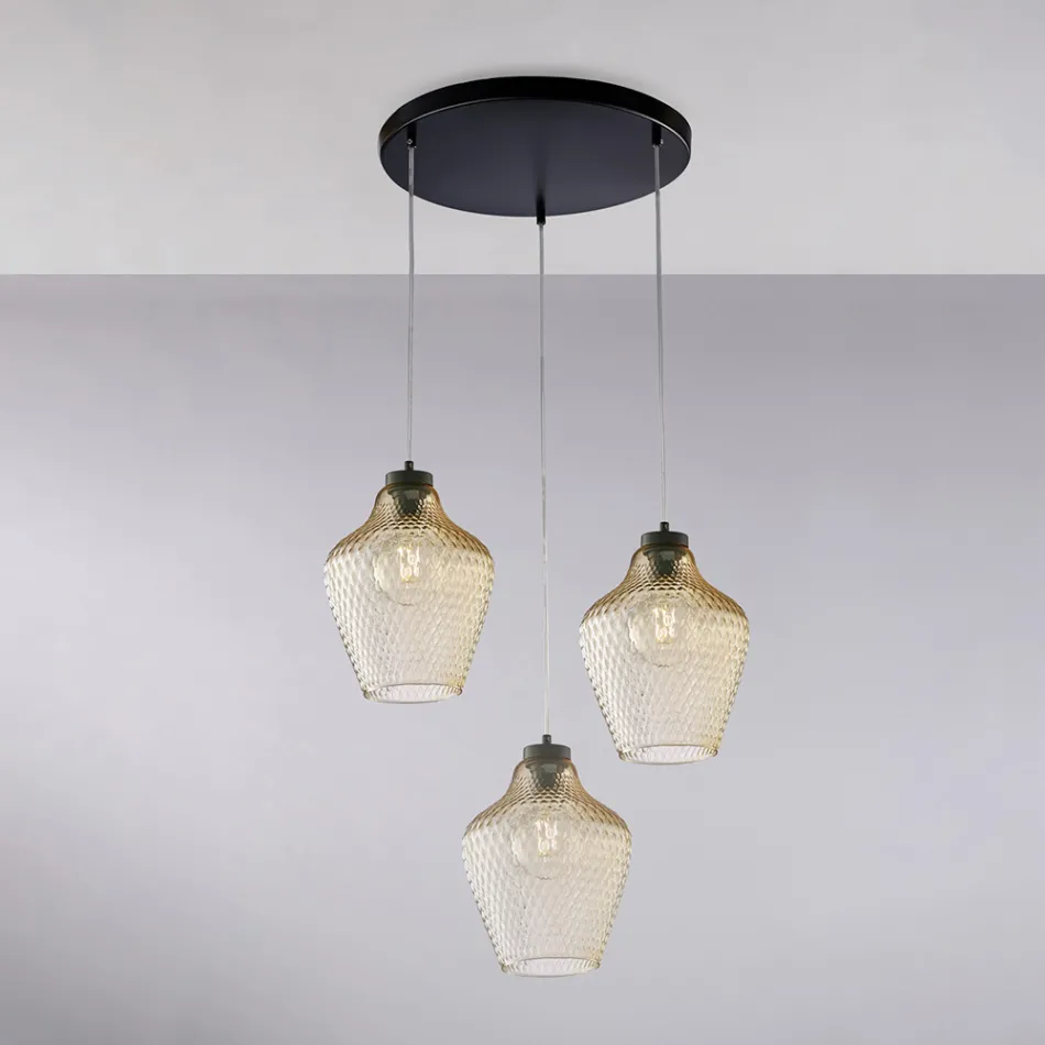 مصباح معلق معدني زجاجي أسود بثلاثة أضواء من Alnitak Viadurini