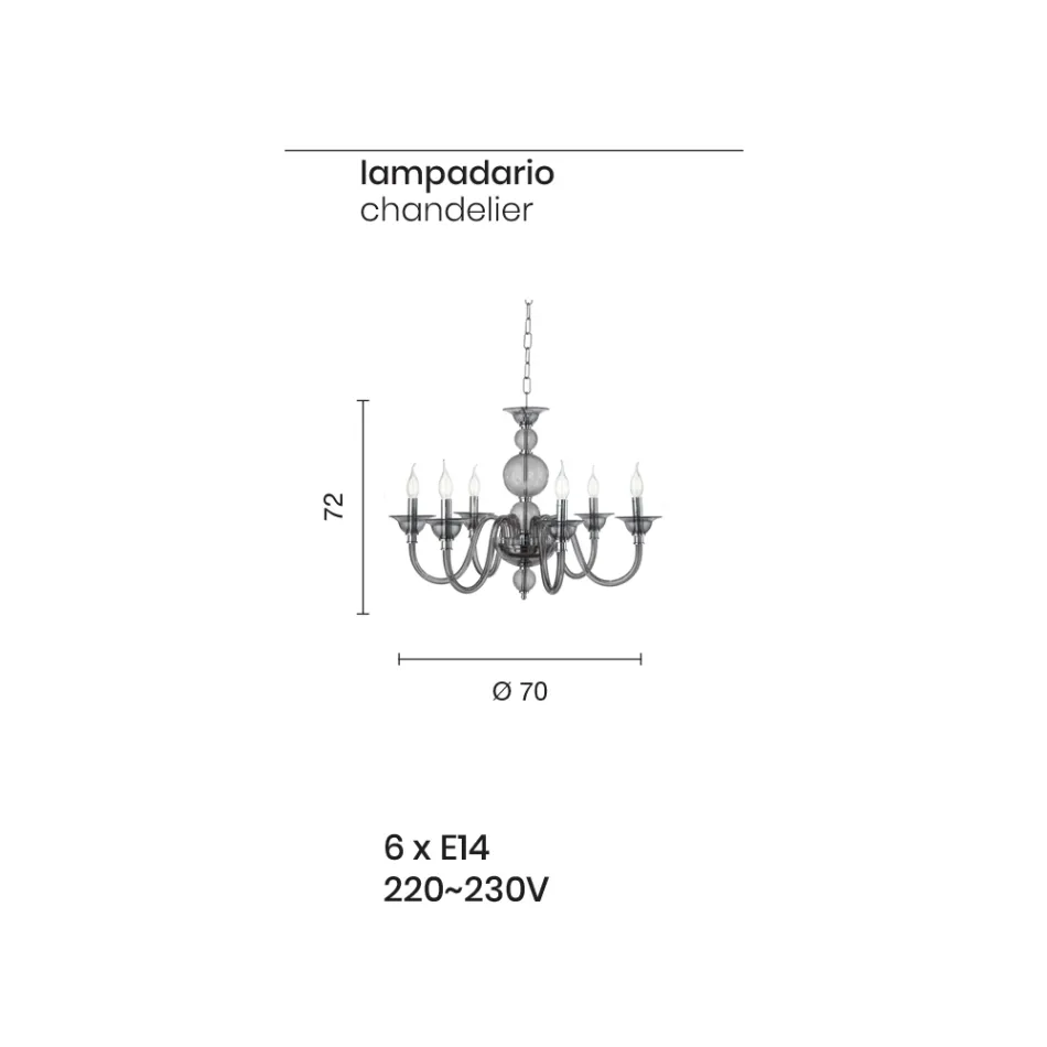 ثريا كلاسيكية بستة مصابيح مصنوعة يدويًا من الزجاج المدخن والمعدن الإيطالي - ميموري Viadurini