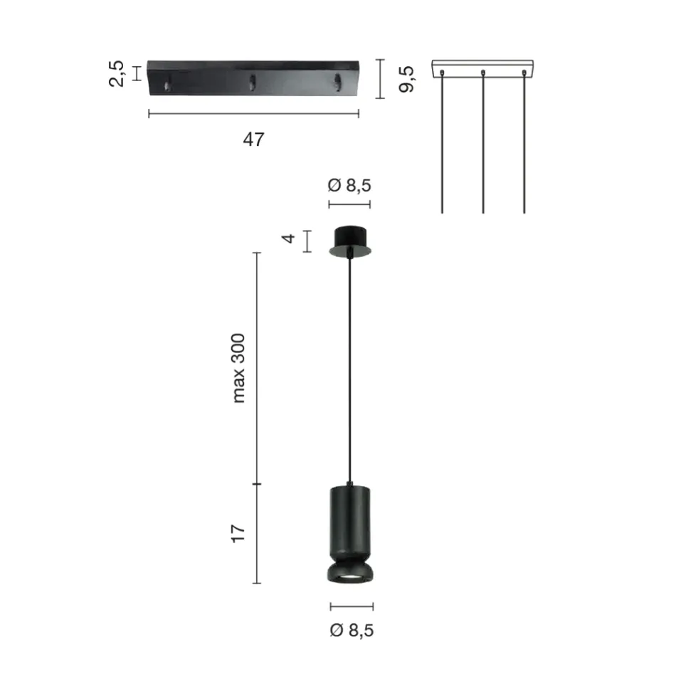 ثريا بثلاث مصابيح LED من الألومنيوم المطلي بالمسحوق وكابل قابل للتعديل - بوكسوس Viadurini