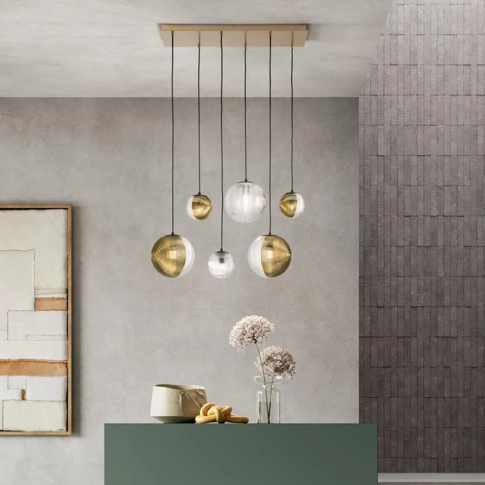 ثريا بستة مصابيح من الزجاج المنفوخ على شكل كرة، صنع في إيطاليا - بريلا Viadurini