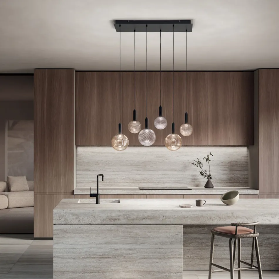 ثريا زجاجية منفوخة بستة مصابيح مع ديكور بالوتون - جنية Viadurini