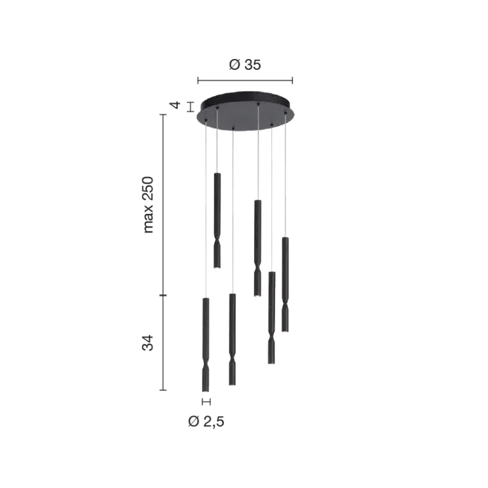 ثريا بستة مصابيح LED من المعدن المطلي وكابلات قابلة للتعديل - خشب الصنوبر Viadurini