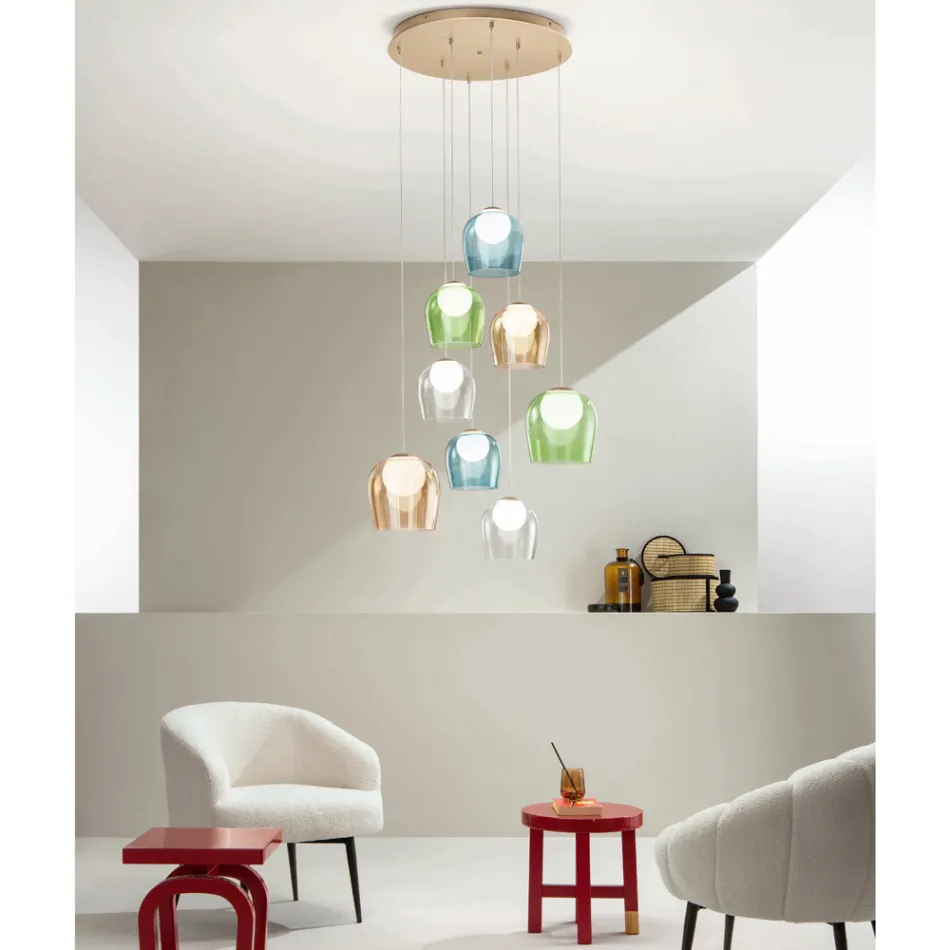 ثريا بـ 8 مصابيح LED مغطاة بزجاج ملون اختياري وقاعدة معدنية - خشب الزان Viadurini