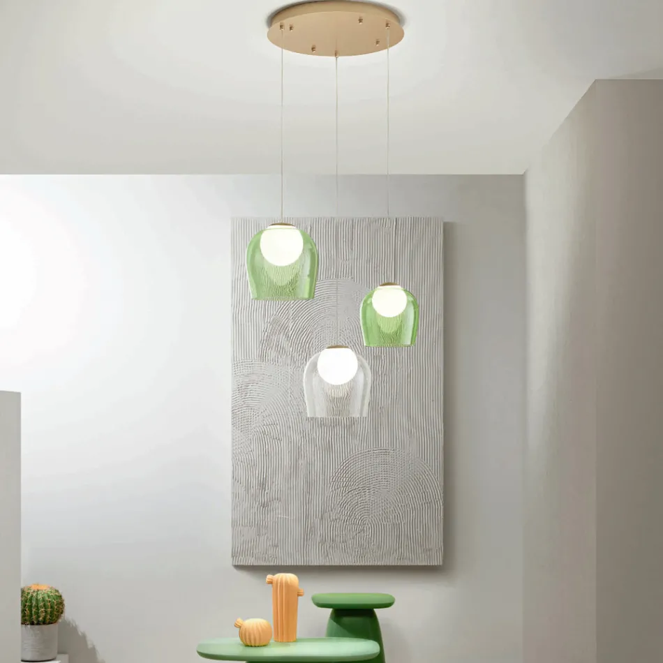 ثريا معدنية مطلية بالذهب مع 3 مصابيح LED وزجاج اختياري - خشب الزان Viadurini