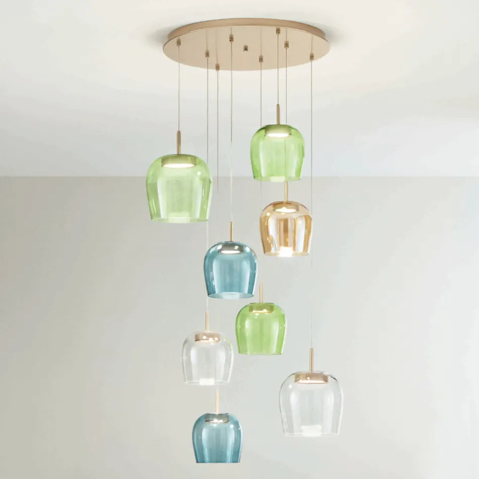 ثريا من المعدن المطلي بالذهب مع إضاءة LED وزجاج ملون - هورنبيم Viadurini