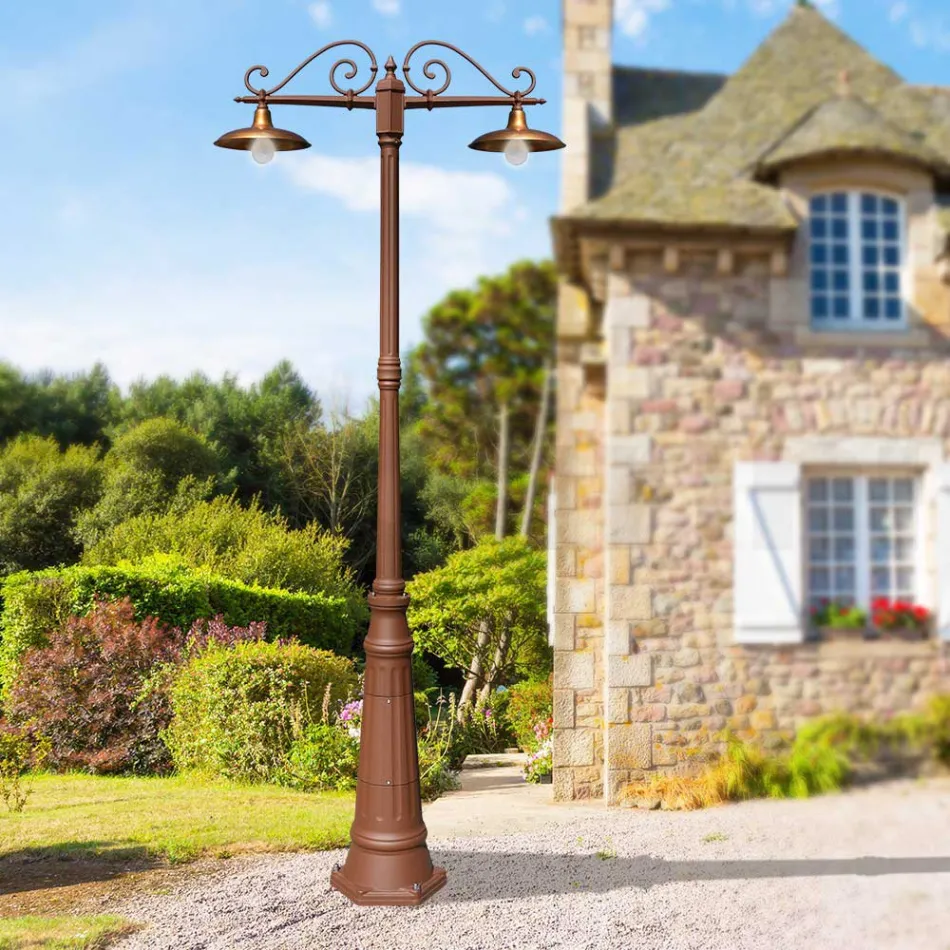 عمود إنارة بإضاءة عتيقة من الألومنيوم والنحاس، صنع في إيطاليا - أديلا Viadurini