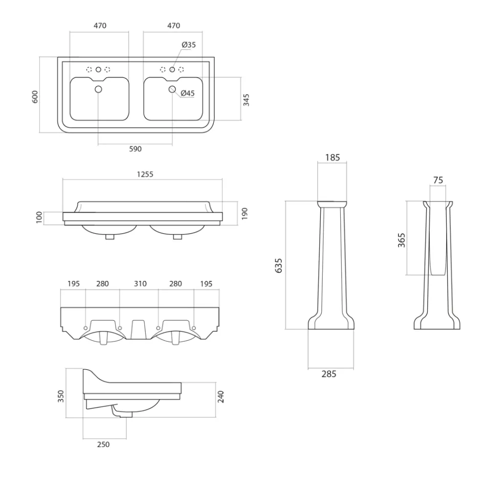 حوض غسيل عمودي مزدوج من السيراميك، صنع في إيطاليا - وولي Viadurini