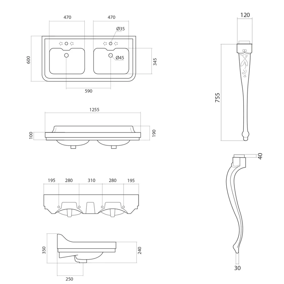 حوض غسيل كونسول من السيراميك الأبيض مع حوض مزدوج صنع في إيطاليا - Wollie Viadurini