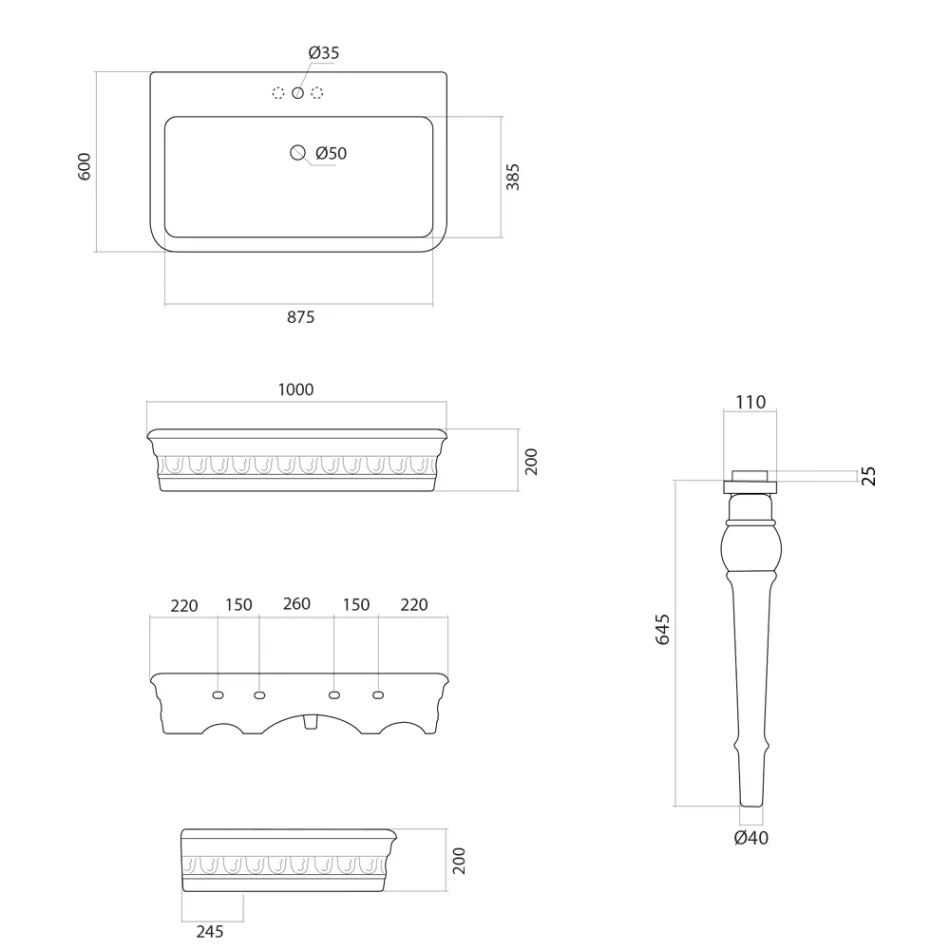 حوض غسيل كونسول من السيراميك الأبيض صنع في إيطاليا بتصميم كلاسيكي - أريتا Viadurini