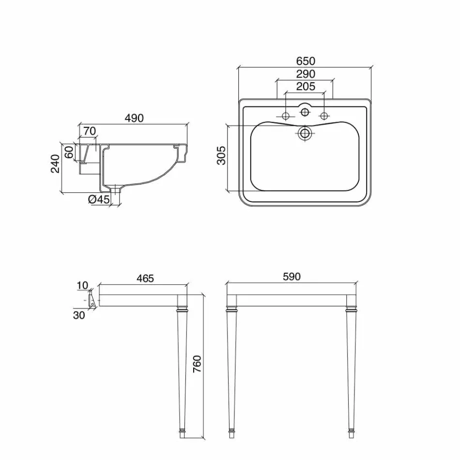 حوض غسيل سيراميكي 65 سم مع أرجل معدنية، طراز عتيق - مروة Viadurini