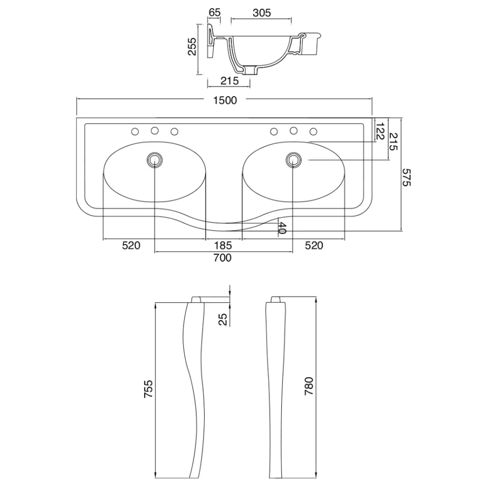 حوض غسيل كلاسيكي مع حوض مزدوج وأقدام سيراميك، صنع في إيطاليا - بولينا Viadurini