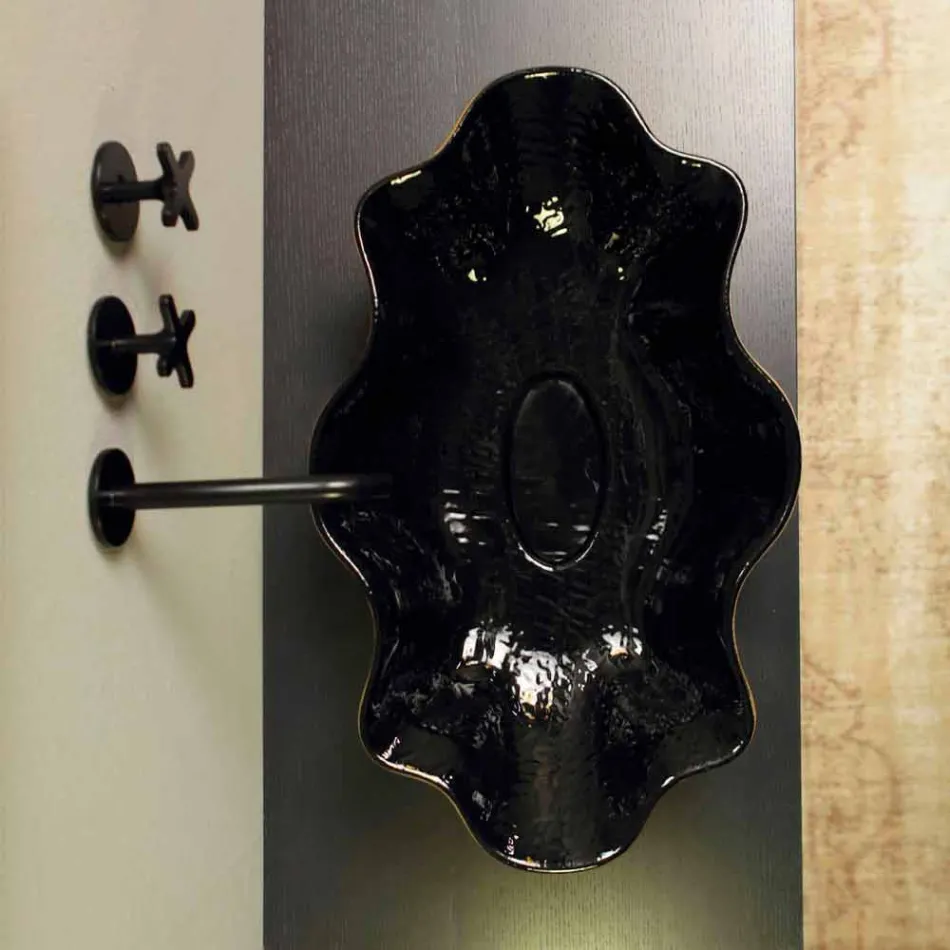 حوض غسيل من السيراميك باللونين الأسود والذهبي، صنع في إيطاليا، Cubo Viadurini