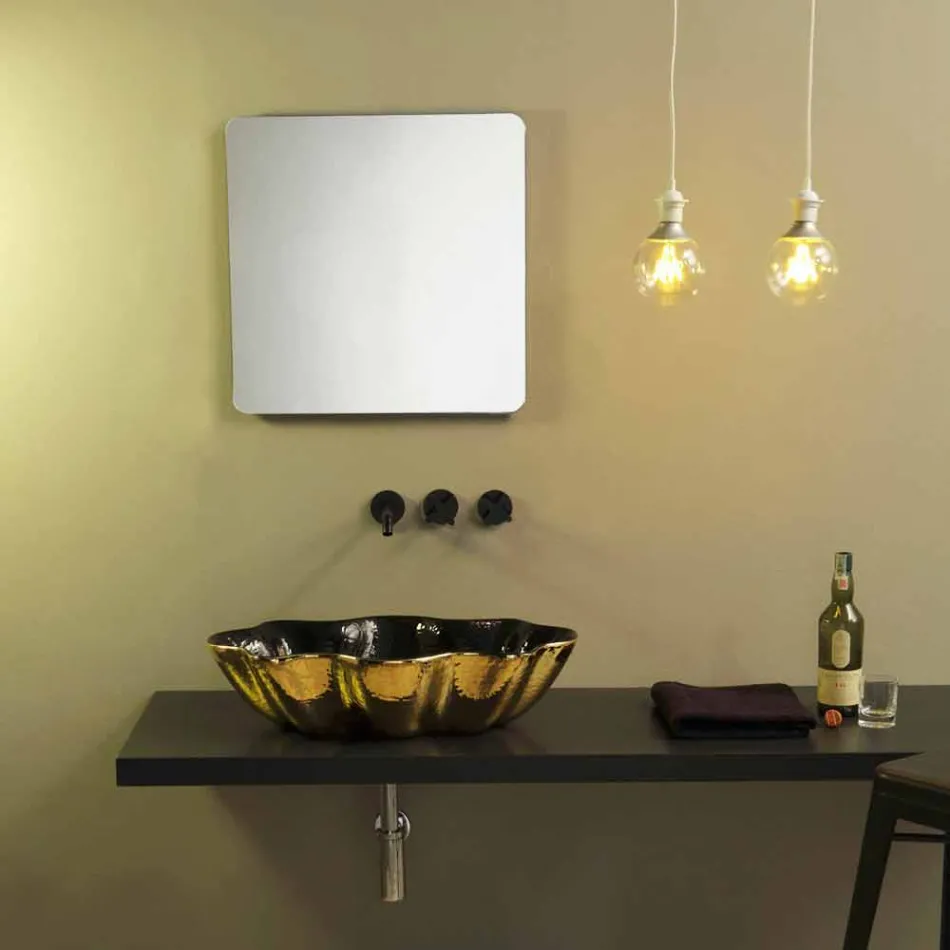 حوض غسيل من السيراميك باللونين الأسود والذهبي، صنع في إيطاليا، Cubo Viadurini
