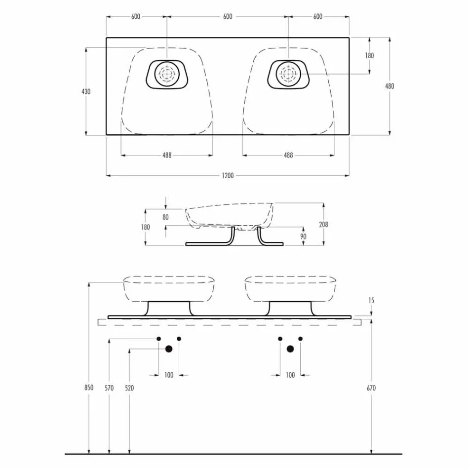 حوض غسيل سيراميك حديث مزدوج الحائط مصنوع في إيطاليا، ريالي Viadurini