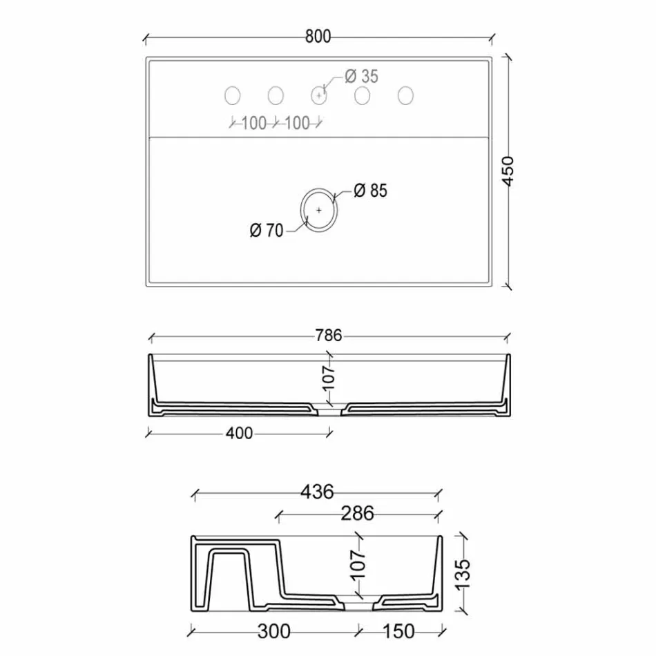 حوض غسيل سيراميك معلق بتصميم عصري، 80×45 سم، صنع في إيطاليا Viadurini