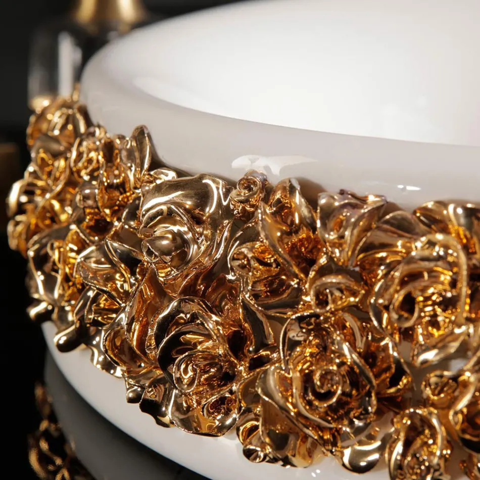 حوض غسيل من البورسلين مع بتلات مرسومة يدويًا - صنع في إيطاليا - أماروني Viadurini