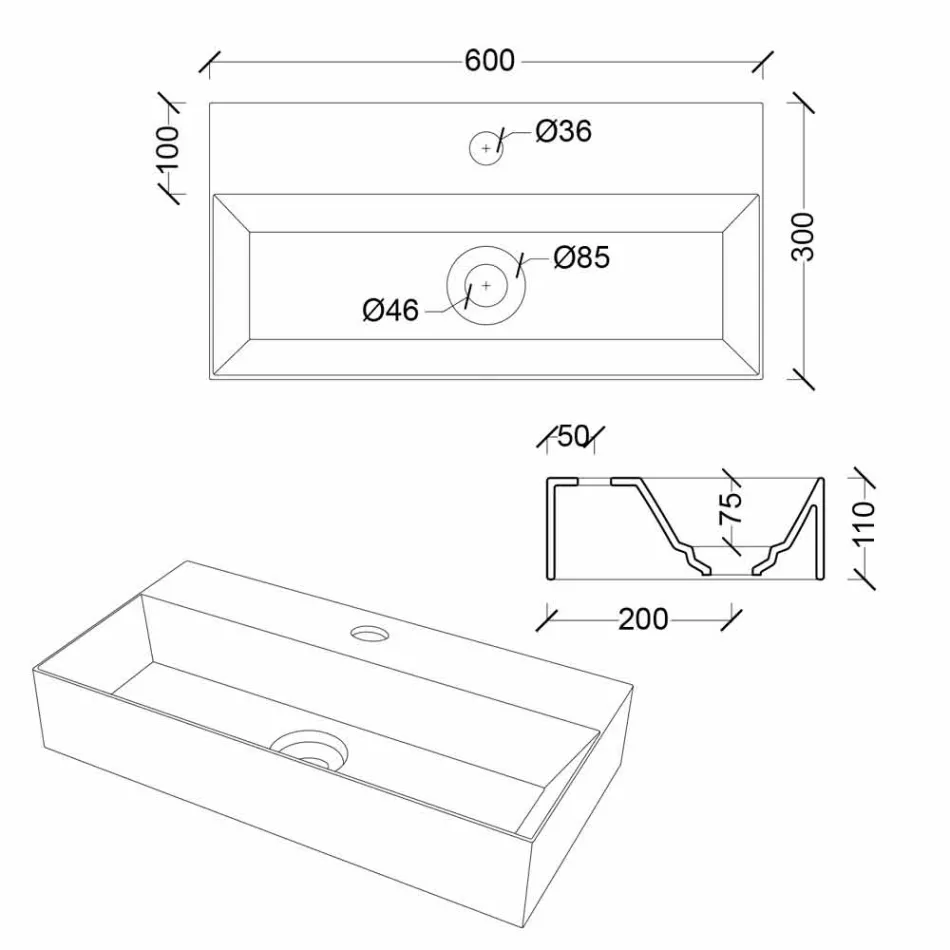 حوض غسيل مستطيل حديث أو معلق 60 × 30 سم من السيراميك - Act Viadurini