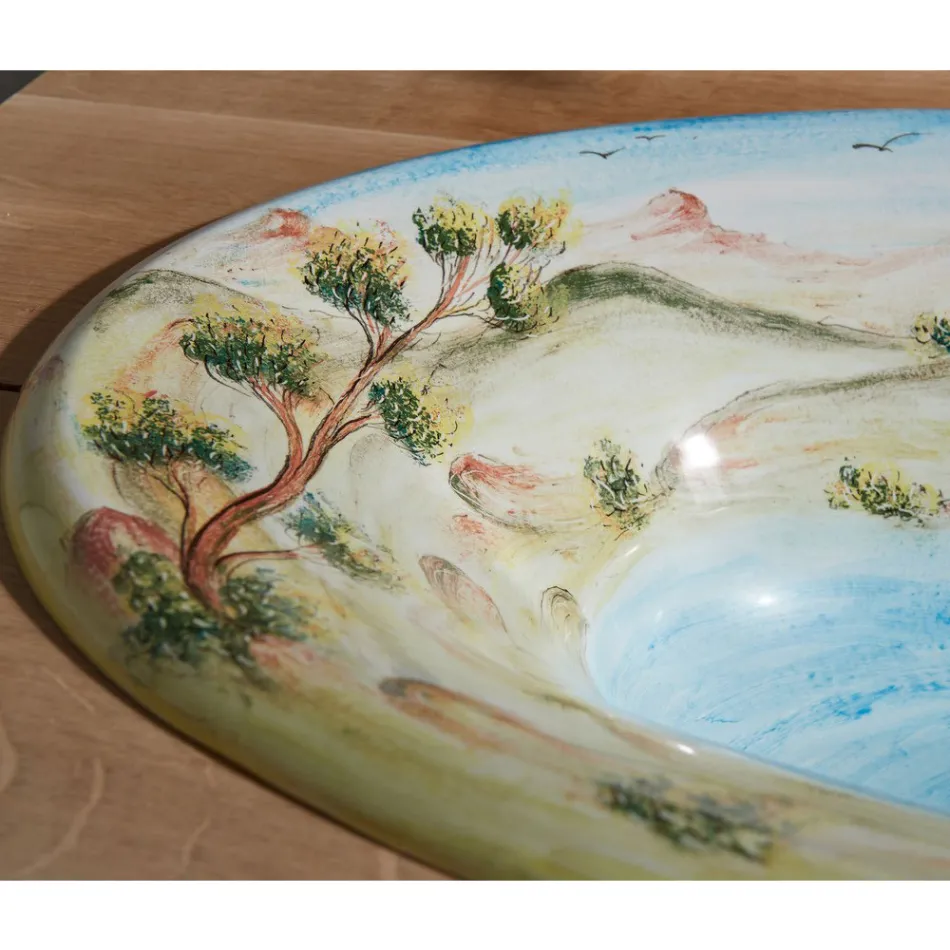 حوض غسيل نصف غائر من الطين الناري بتصميم المناظر الطبيعية من شركة Deruta، صنع في إيطاليا - برينسيبي Viadurini