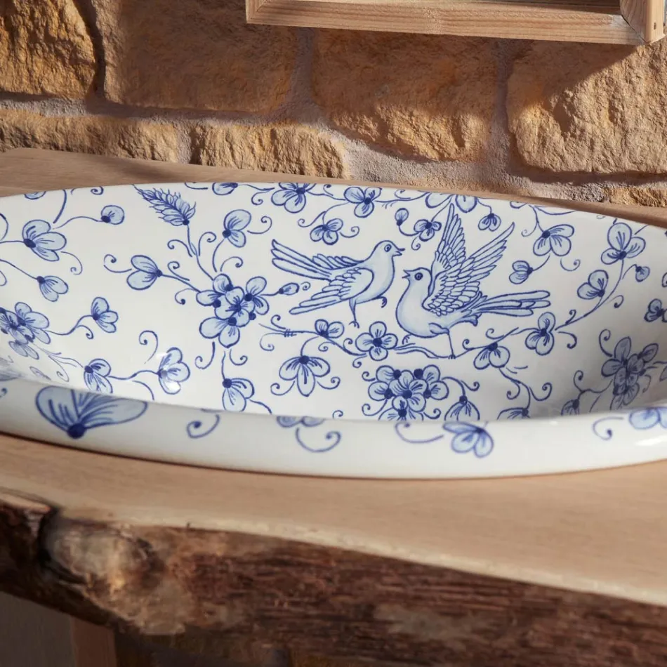 حوض غسيل نصف غائر من الطين الناري المطلي يدويًا، صنع في إيطاليا - برينسيبي Viadurini