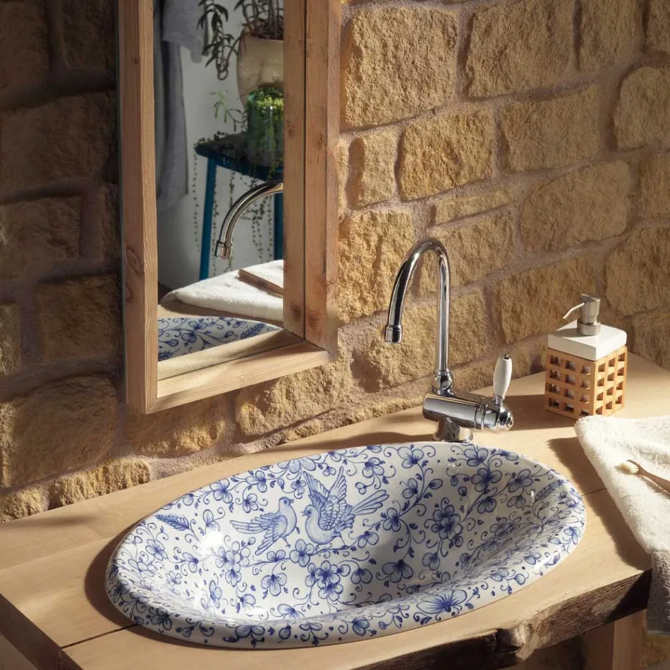 حوض غسيل نصف غائر من الطين الناري المطلي يدويًا، صنع في إيطاليا - برينسيبي Viadurini