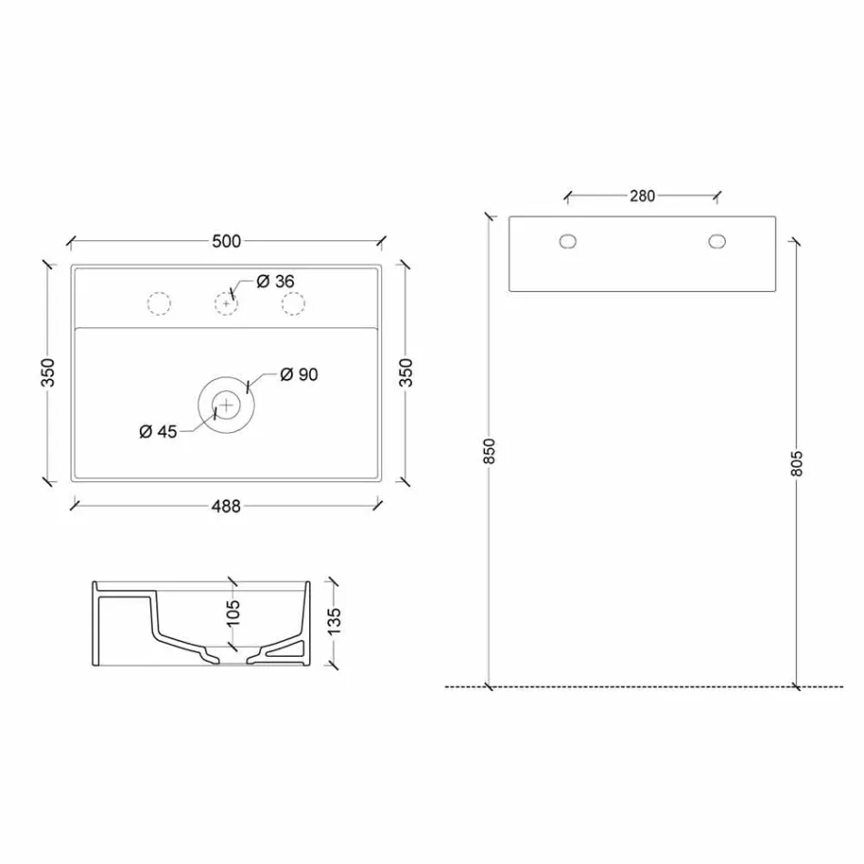 حوض غسيل سيراميك معلق شمس 50×35 سم، متوفر بألوان مختلفة Viadurini