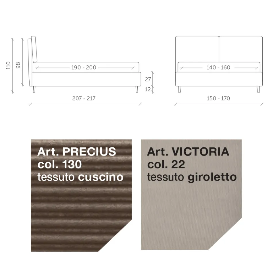 سرير مزدوج 160×190 مع وسادتين ناعمتين في لوح الرأس - ترامونتي Viadurini