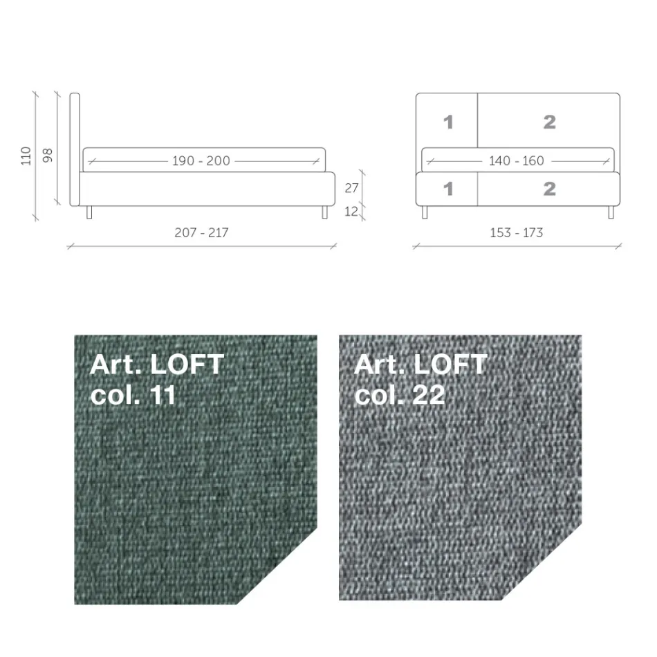 سرير مزدوج ١٦٠×١٩٠ سم بلمسة نهائية غير متماثلة بلونين - ياسمين Viadurini