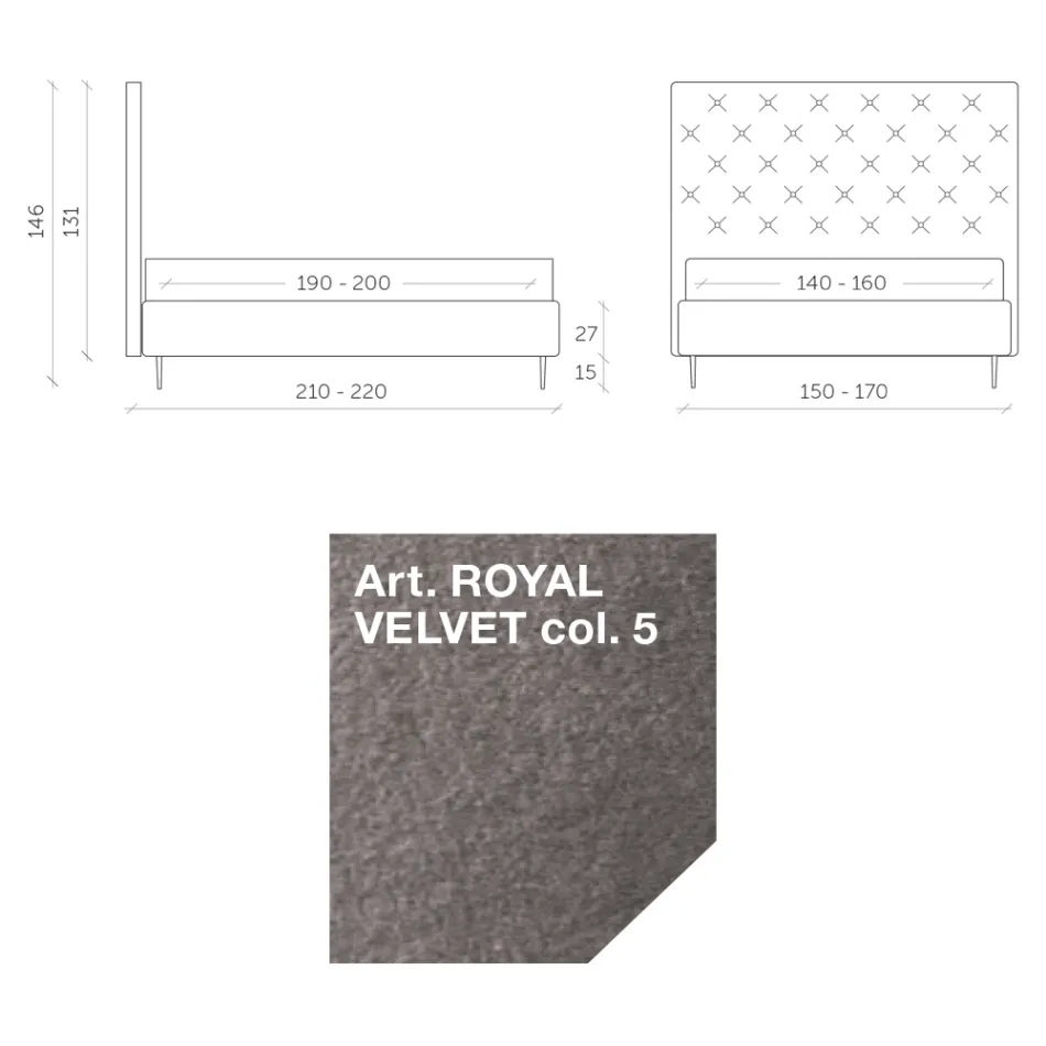 سرير مزدوج ١٦٠×١٩٠ مع لوح رأس مرتفع ومبطن، صنع في إيطاليا - سالي Viadurini