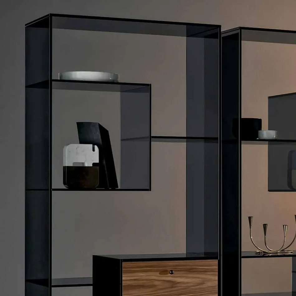 مكتبة من الزجاج المدخن مع درج من خشب الجوز كاناليتو بتصميم إيطالي - لينزي Viadurini