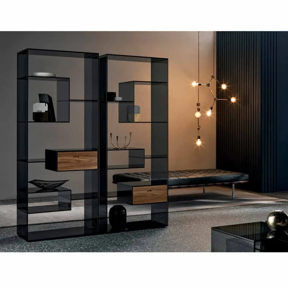 مكتبة من الزجاج المدخن مع درج من خشب الجوز كاناليتو بتصميم إيطالي - لينزي Viadurini