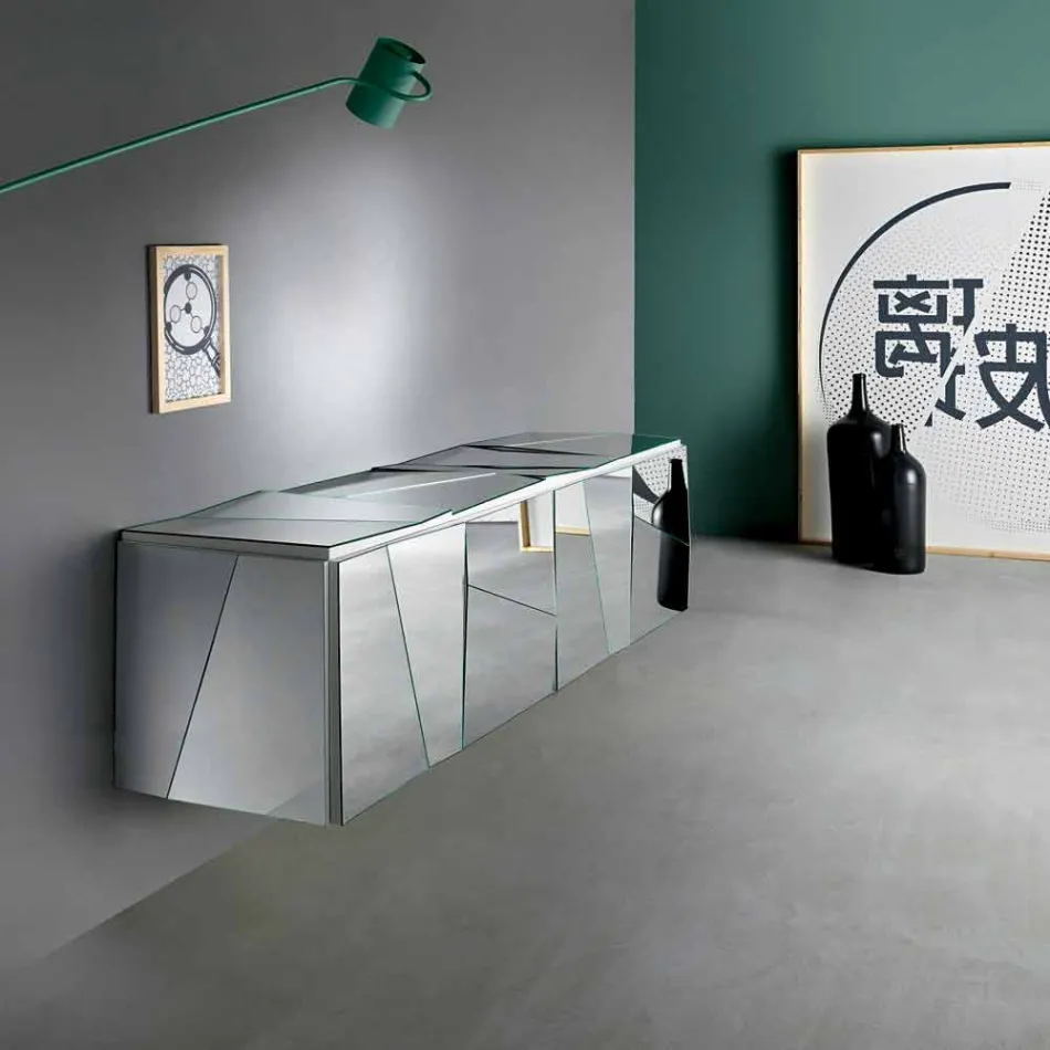 خزانة جانبية جدارية من الخشب الأبيض غير اللامع مع زجاج عاكس - سينيس Viadurini